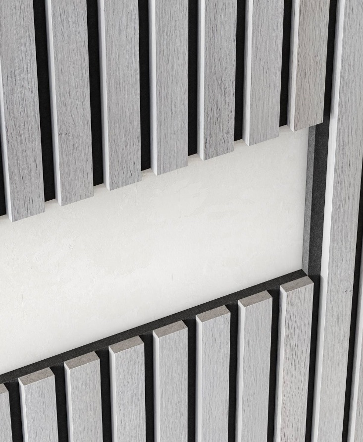 кустическая панель, черный войлок, 2750х600х19мм, рейки МДФ дуб Старинный светло-серый